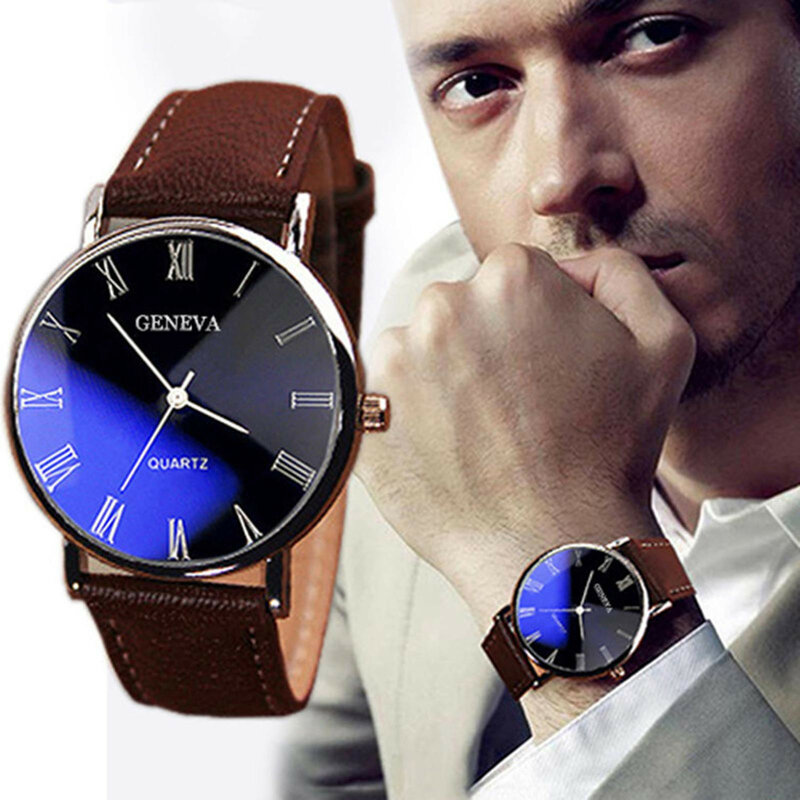 Relógio quartzo de couro clássico masculino, elegante azul claro, escala romana, relógio de negócios versátil, casual