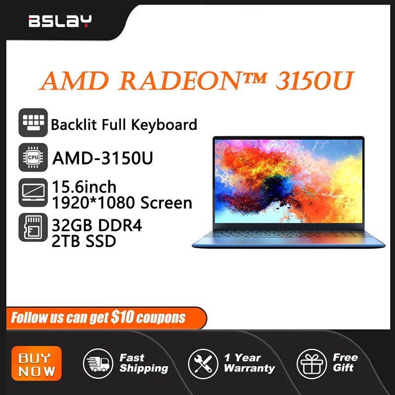Slim Laptop 15.6 inch AMD Radeon™ Graphics 3150U Notebook  Fingerprint Unlock 32GB DDR4 2TB SSD 1920*1080 Screen Computer