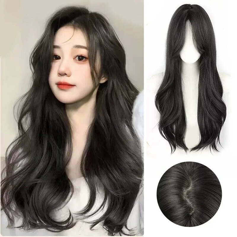 ALXNAN Long Wavy Synthetic Wigs for Women Natural Black Wigs with Bangs Daily Cosplay Party Heat Resistant Fake Hair