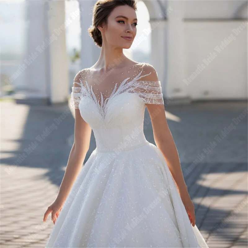 Gaun pengantin cantik bahu terbuka gaun pengantin wanita Hem besar halus gaun pengantin putri elegan pesta pantai Vestidos De Novia