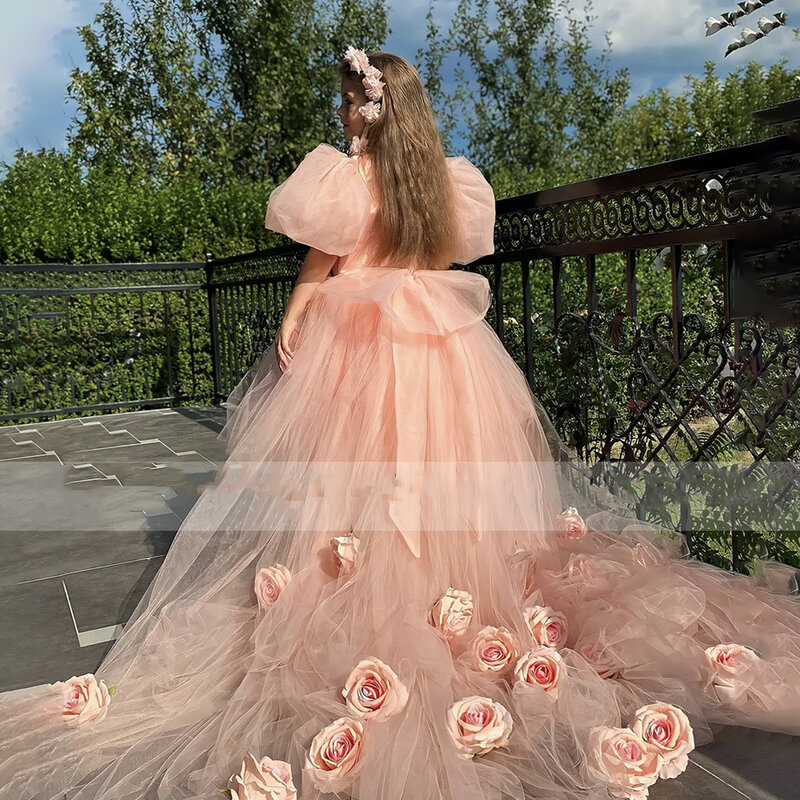 ชุดเดรสเด็กผู้หญิงดอกไม้สำหรับงานแต่งงานผ้าตาข่าย3D ฟูฟ่องคอกลมแขนสั้นผ้าทูลล์ทางการเจ้าหญิงเดรสแต่งงานชุดเดรสเพื่อนเจ้าสาวจูเนียร์