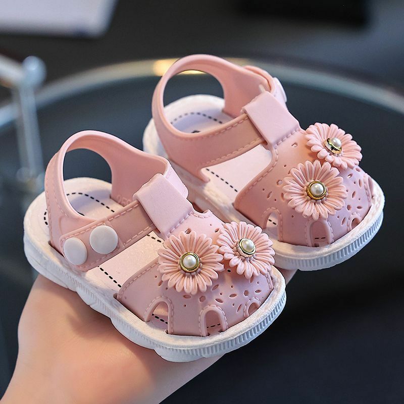 Antiderrapante sandálias pvc com flores para meninas, sapatos princesa para crianças, fundo macio, cor sólida, para a praia, novo, verão