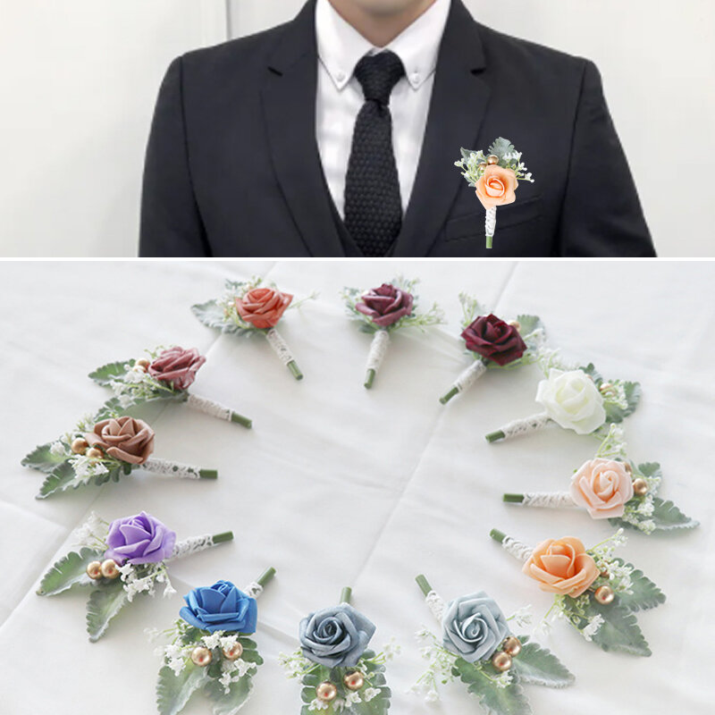 Broches de Corsage de mariage pour homme, fleurs, boutons, blanc, rose, accessoires