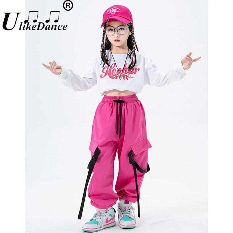 Детский костюм в стиле хип-хоп, комплект для девочек, свитшот, укороченный топ, рубашка с длинным рукавом, брюки-карго, одежда для уличного танца