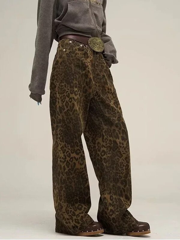 HOUZHOU Tan Leopard Jeans damskie spodnie dżinsowe damskie Oversize spodnie z szerokimi nogawkami Streetwear Hip Hop ubrania Vintage luźne na co dzień