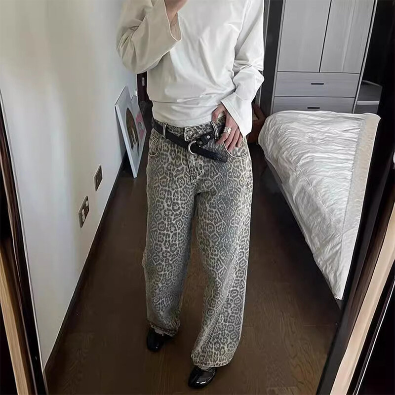 Jeans estilo americano com lavagem leopardo para mulheres, calças casuais soltas de rua retrô Hip Hop, jeans reto de cintura alta