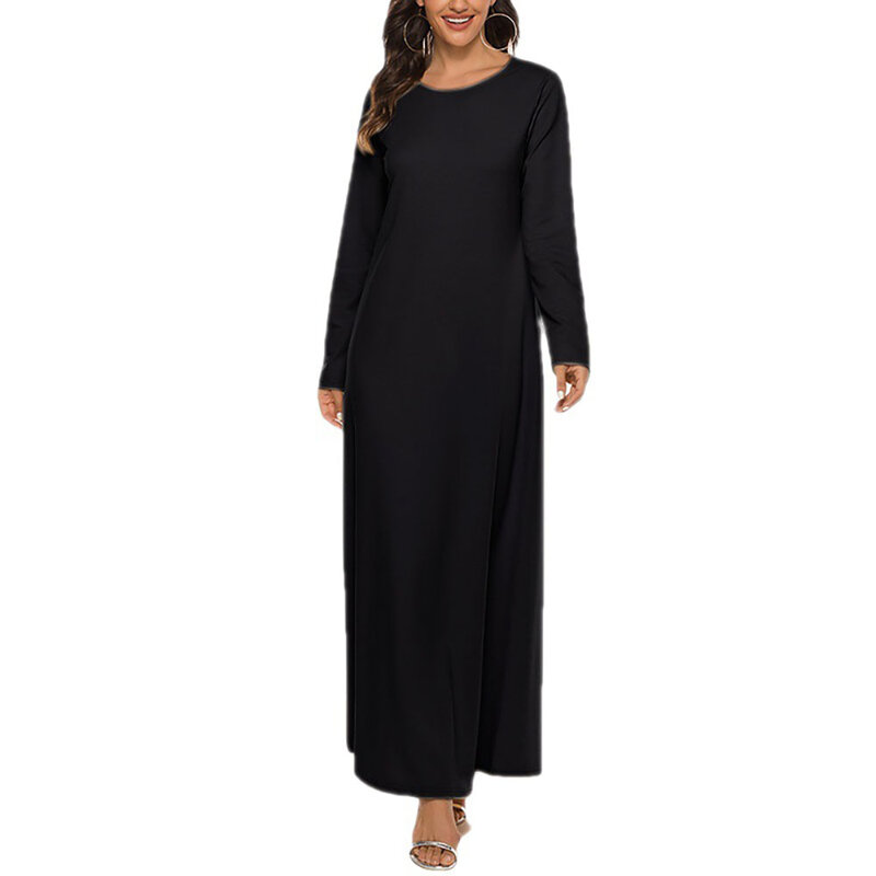 Abaya de liturgia básica musulmana para mujer, ropa interior de manga larga, cuello redondo, vestido de damas de Oriente Medio, Dubai, Turquía, bata diaria sólida