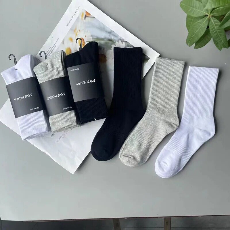 Calcetines cortos de longitud media para hombre y mujer, medias largas de algodón para deportes y ocio, color negro, blanco y gris