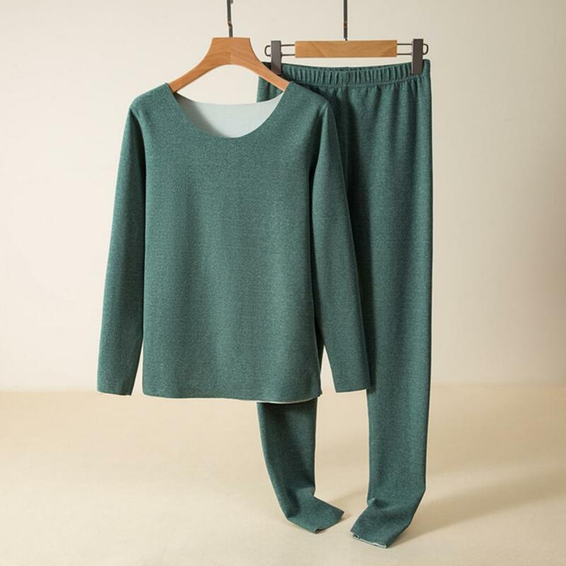 Conjunto de pijama de inverno feminino, manga comprida, gola em O, roupa interior térmica, calça sem costura, veludo grosso