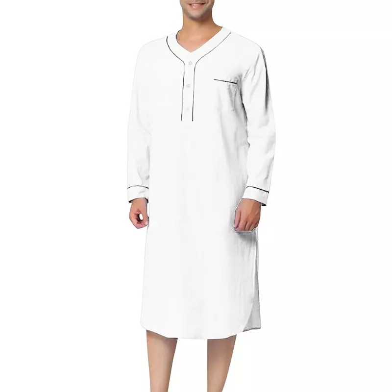 V-Neck Pocket Roll Sleeve Gown Casual Kaftan Thobe Long Men Solid Night Linen Shirt Short Robe Up With Loose