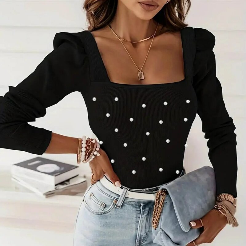 Soft Stretchy Long Sleeve Top Elegant Beaded Long Sleeve Blouse Square Neck Slim Fit Top Women's Spring Commute Wear Beaded Slim