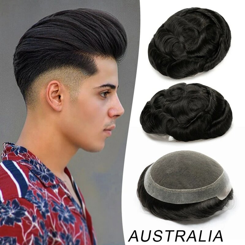 Naturalna skóra linia włosów tupecik dla mężczyzn Australia bazowa szwajcarska koronka ludzkich włosów trwały System włosów męska proteza kapilarna męska peruka