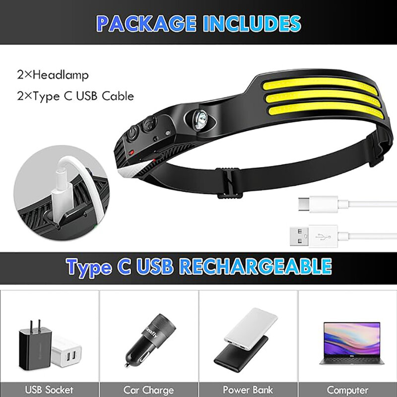 Farol de indução LED COB Farol recarregável USB Bateria embutida, Lanterna, 5 modos de iluminação, Acampamento ao ar livre, Tocha de pesca