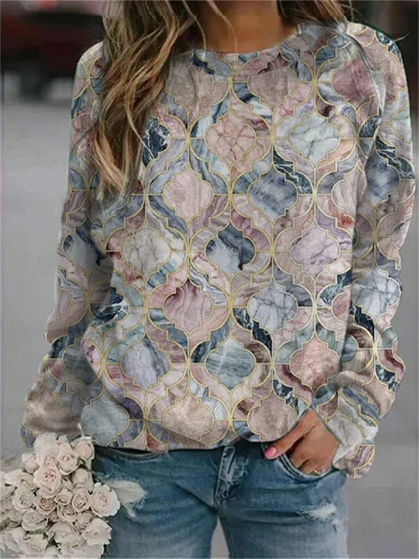 Camisola geométrica de manga comprida com estampa floral feminina, gola redonda, blusa casual feminina, moda senhora, primavera, outono, inverno