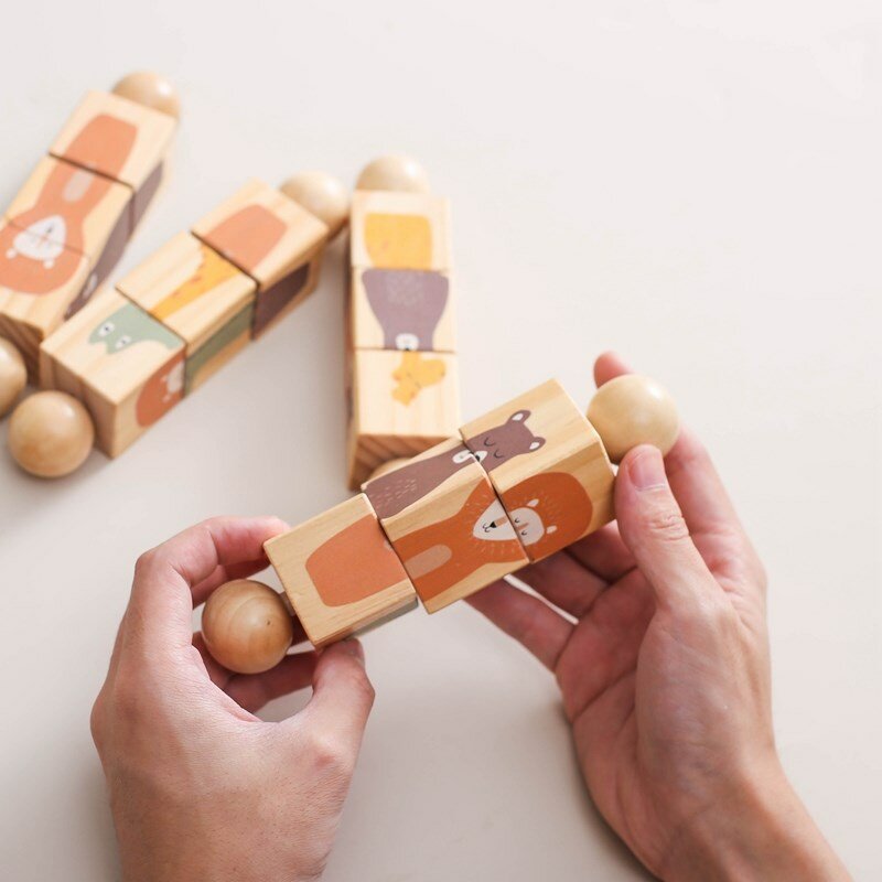 1pc Baby Holz rotierende Rassel Tier passend Neugeborenen beruhigende Spielzeug drehen Blöcke rotierende Puzzle Montessori Spielzeug für Babys