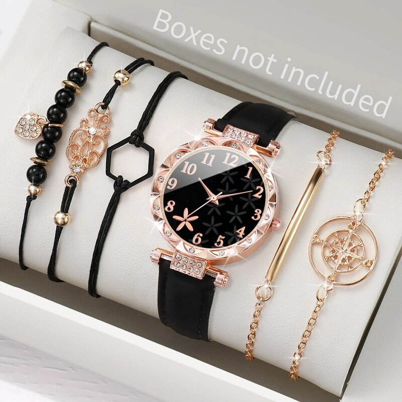 Pulseira de couro feminino relógio de quartzo com conjunto de braceletes, moda feminina, 6 peças por conjunto