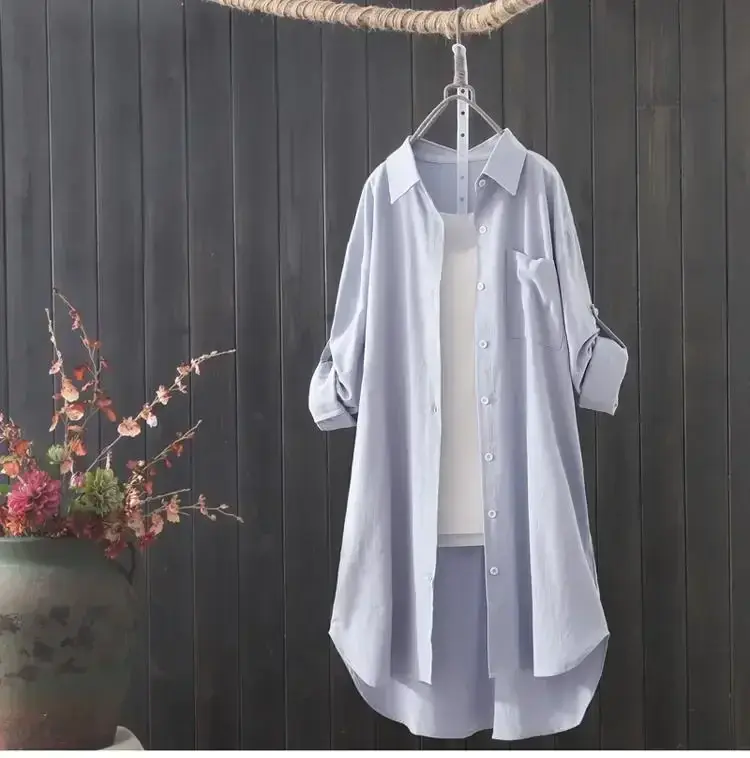 2024 weißes Hemd Frauen Frühling Sommer koreanische Mode einfache einfarbige lange Hemden Dame lose atmungsaktive Midi-Shirt und Bluse