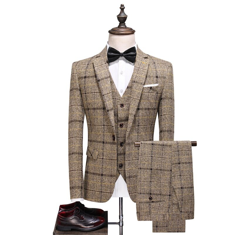 Men's checkered suit (coat+vest+pants) three piece Korean version slim fitting British casual job seeker groom wedding dress