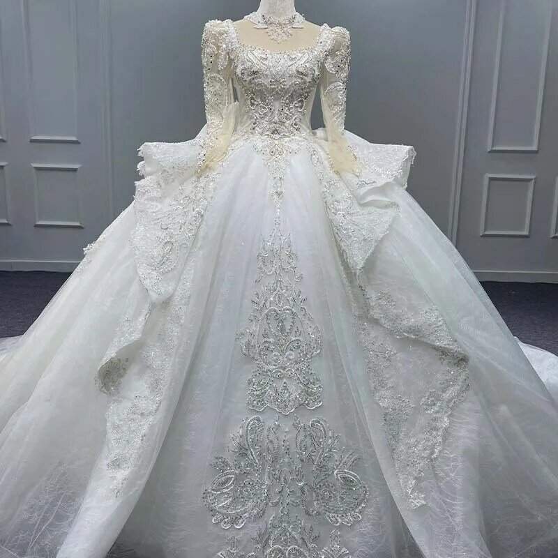 Popular Design Gorgeous Wedding Gown For Bride 2024 Ball Gown Organza Bow Full Sleeves Wedding Dress Lace Up Robe Mariage MN173