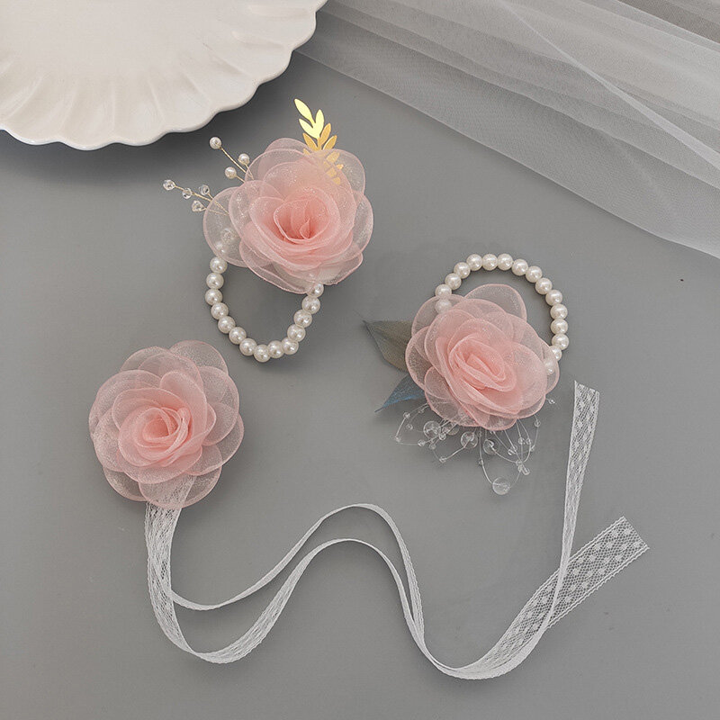 Dziewczęca druhna kwiaty na nadgarstek taśma z perłami róża bransoleta dla na ślub bal panny młodej na przyjęcie, aby prezent dla druhny akcesoria ślubne
