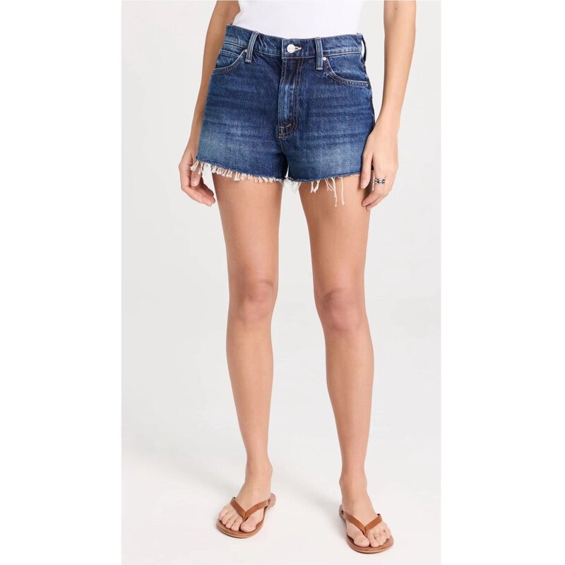 Shorts jeans de borda azul barbuda para mulheres, jeans de cintura alta, calças curtas inferiores, novo, 2024SS