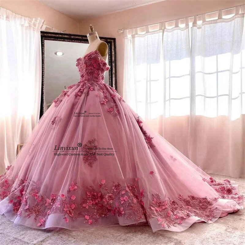 Rosa Applikationen Ballkleider Quince anera Kleider Schatz Blumen Abschluss süß 16 Kleid von der Schulter Vestidos de 15 Años