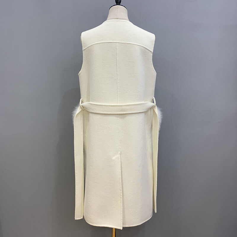 Lente Herfst Real Kasjmier Vest Met Vos Bont Vrouwen Mode Mouwloze Bont Pocket Gilet Streetwear Wollen Vest S3605B