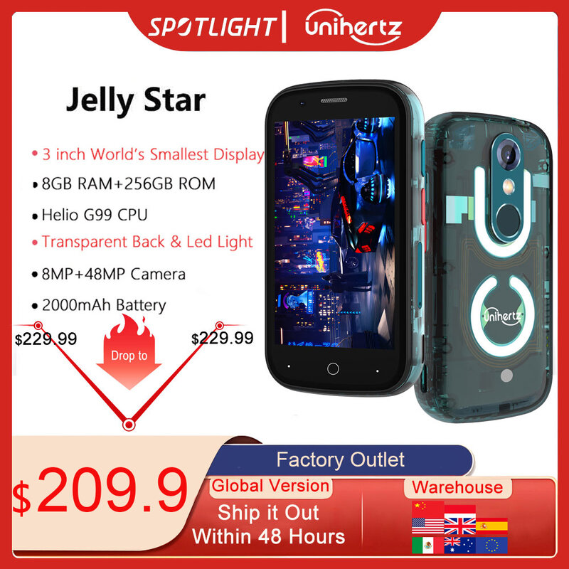 Unihertz Jelly Star Android 13 8Gb 256Gb Led Licht Ontgrendeld Transparante Backshell 48mp 3 Inch 2000Mah