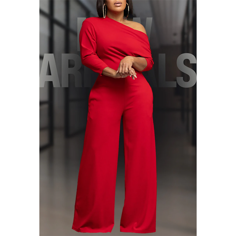 Plus Size Business Casual Jumpsuit Red Solid Color Slope Neck Wide Leg Jumpsuit
