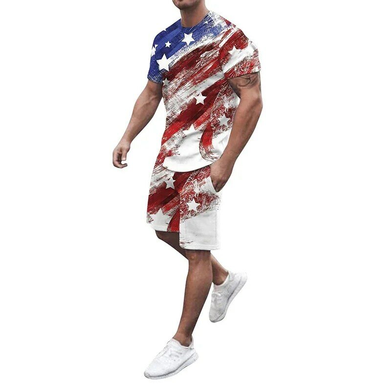 Setelan T-shirt celana pendek pria, pakaian olahraga bercetak 3D bendera Amerika Serikat 2 potong untuk lelaki