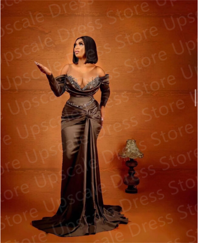 Elegante vestido árabe plus size, Aso Ebi, Sereia Chocolate, Vestidos de Baile Sexy, Cristais frisados, Vestido de festa formal