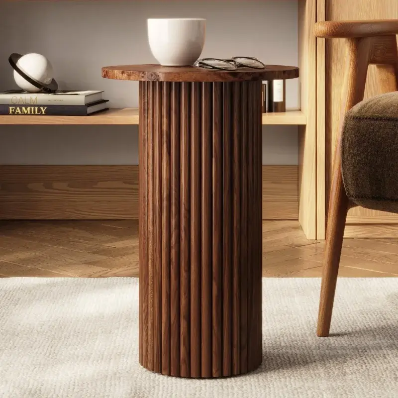 Round Fluted Accent Side Table - Small Drink Table - Living Room Furniture - Modern Home and Bedroom Decor - Pedestal Side Table