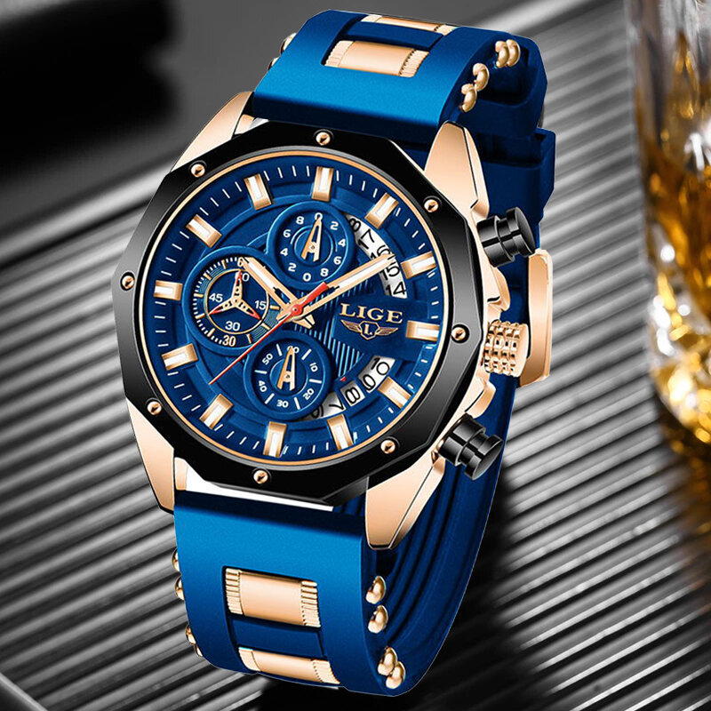 Часы наручные LIGE Мужские кварцевые, брендовые Роскошные спортивные водонепроницаемые в стиле милитари, с хронографом