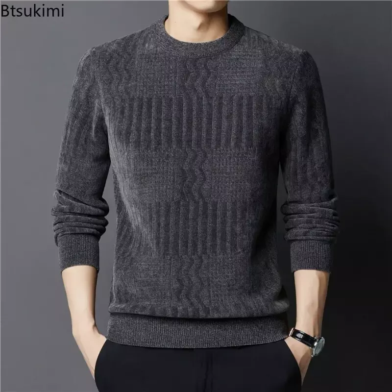2024 Men's Casual Warm Sweater Autumn Winter Solid Plush and Thicken Pullovers Male Knitted Sweater Tops Versatile Mens Clothes