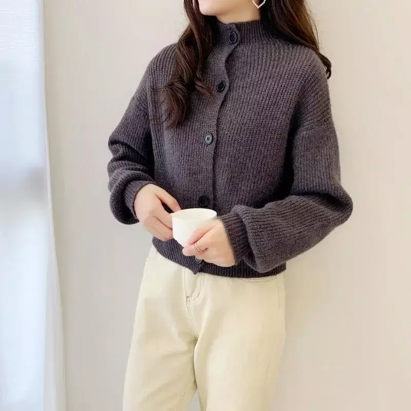 여성용 퍼플 터틀넥 싱글 브레스트 스웨터, 루즈한 긴팔 니트 가디건, 한국 패션, 2021 가을 신상