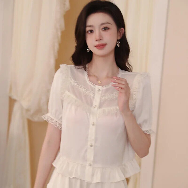 2023 French Ice Silk Pajamas Women's Summer Vintage Lace Shirt Short Sleeve Thin Two Piece Home Suit Round Neck Sexy Loungewear
