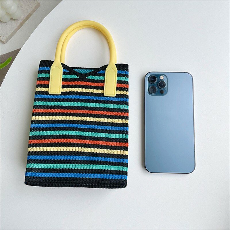 Handmade Knit Handbag Women Candy Color Crossbody Bag Japanese Casual Geometric Mobile Phone Bags Student Summer Water Cup Bag