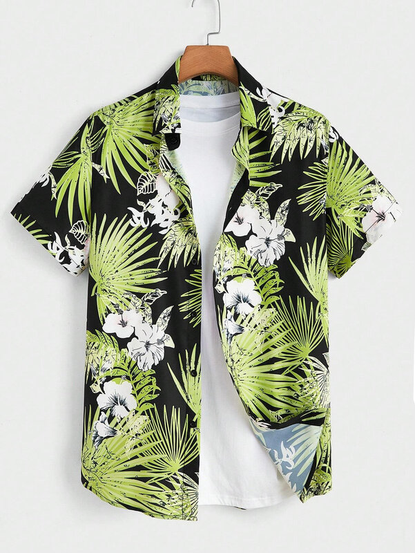 Koszula zapinana na guziki z koszule z krótkim rękawem i dekoltem z hawajskim nadrukiem męska i damska