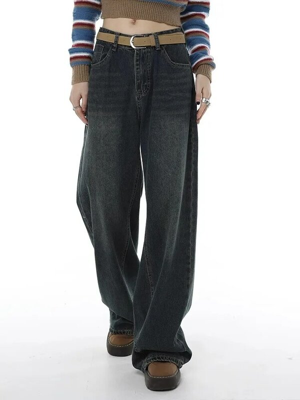 Jeans retrô de pernas largas para mulheres, streetwear de cintura alta, calça jeans confortável, estilo Y2K, moda outono
