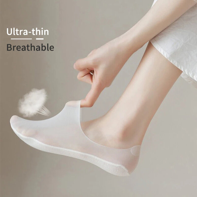 5 Pairs/Lot Socks Women's Summer Ultra-thin Invisible Low Cut Silicone Anti-slip Mesh No Show Ice Silk Solid Boat Socks