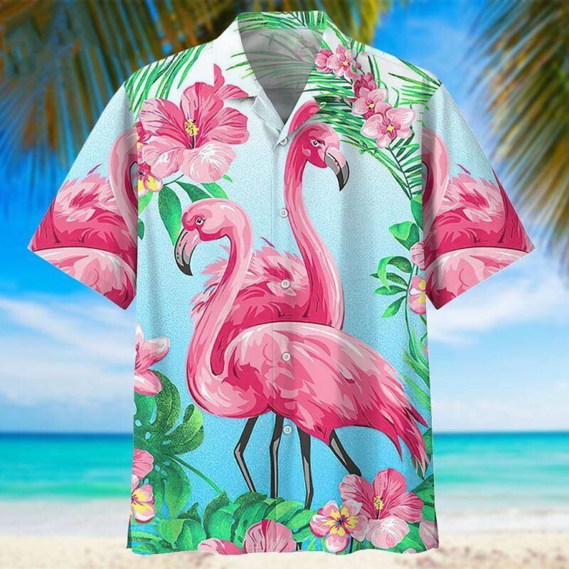 เสื้อฮาวายฤดูร้อนสำหรับผู้ชายเสื้อผ้าผู้ชายฮาราจูกุแฟชั่นชายหาดพิมพ์ลายฟลามิงโก้แขนสั้นขนาดใหญ่3D
