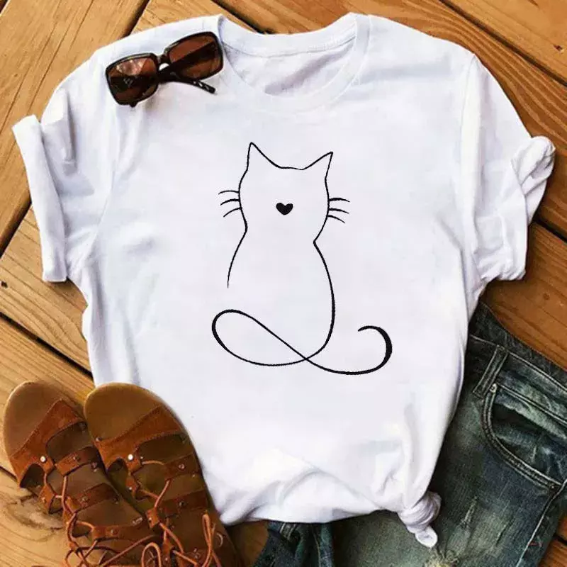 Camiseta estampada de gatos kawaii feminino, camiseta engraçada dos desenhos animados, camiseta feminina Ullzang, top estilo coreano, moda verão, camiseta fofa, anos 90