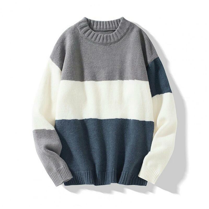 Sweater pria, potongan longgar, Sweater rajutan pria warna blok dengan leher bulat lengan panjang untuk musim gugur musim dingin tebal elastis untuk kehangatan