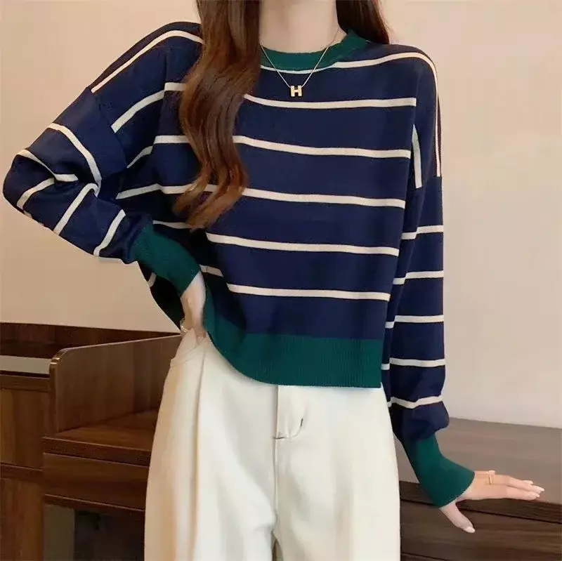 Women's O-Neck Long Sleeve Pullover Casual Knitwear Stripe Pattern Lady Chic Top Korean Style Sexy Party Spring Autumn