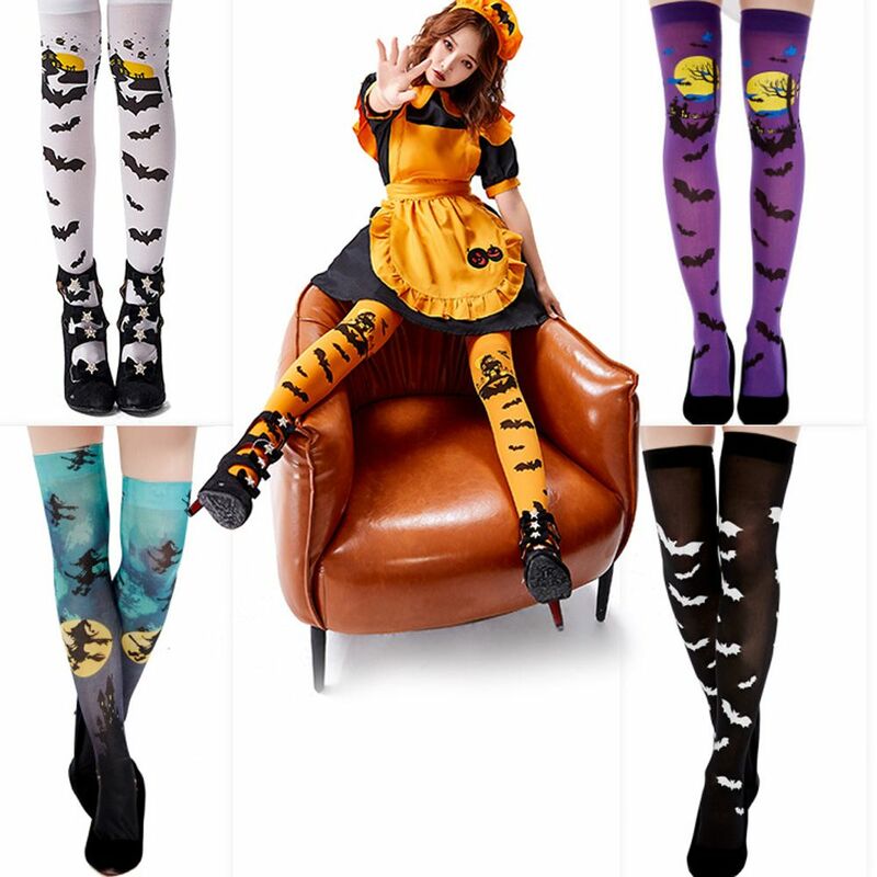 Kobiety zakolanówki pończochy czarownica wzór Over-knee długość rozciągliwe długie skarpetki kostiumy na Halloween akcesoria Cosplay skarpetki