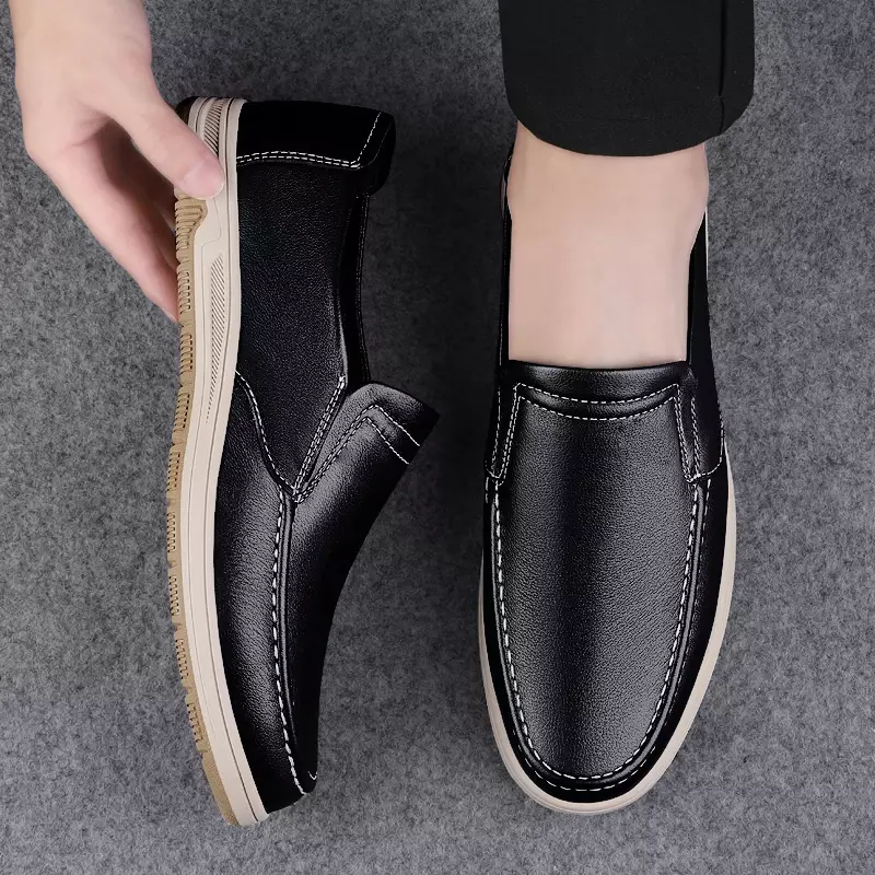 Buty męskie 2023 wysokiej jakości wsuwane skórzane obuwie codzienne wiosenne i jesienne okrągłe noski solidne buty robocze na niskim obcasie