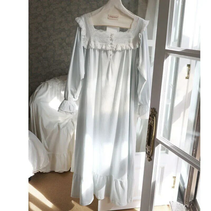 Vintage bawełniana koszula nocna damskie bajkowe koronki słodka bielizna nocna z długim rękawem luźna suknia Peignoir sukienka wieczorowa suknia księżniczka bielizna nocna