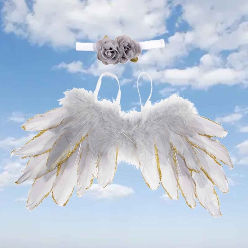 Diadema de ala de plumas y flores, 2 uds., atrezos para fotografía de recién nacidos, tocado bonito, accesorios para sesión de