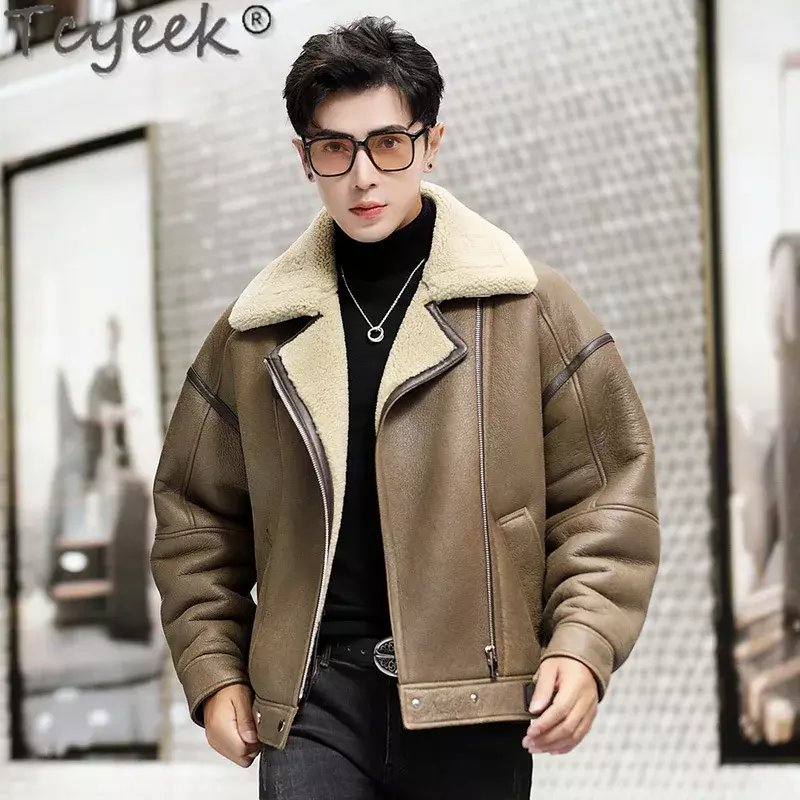 Tcyeek-chaqueta de cuero genuino para hombre, abrigo de piel Real, chaqueta de motociclismo de moda, abrigos de piel de oveja Natural, ropa suelta, Invierno