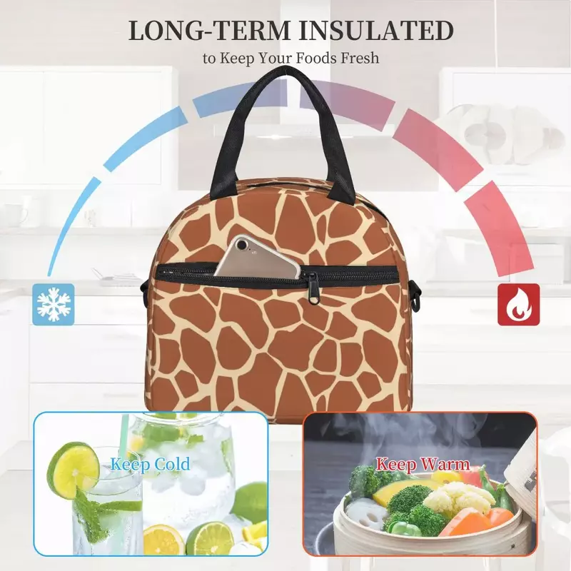 Grandes sacos isolados térmicos do almoço com alça de ombro ajustável, pele bonito do girafa, saco reusável do alimento, lancheiras refrigeradoras